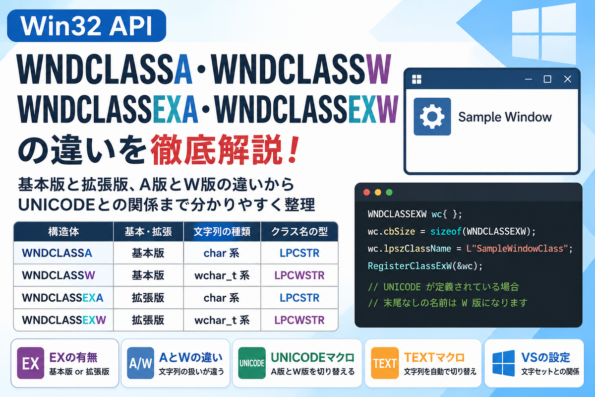 WinAPIのWNDCLASSA・WNDCLASSW・WNDCLASSEXA・WNDCLASSEXWの違いってなんだ？
